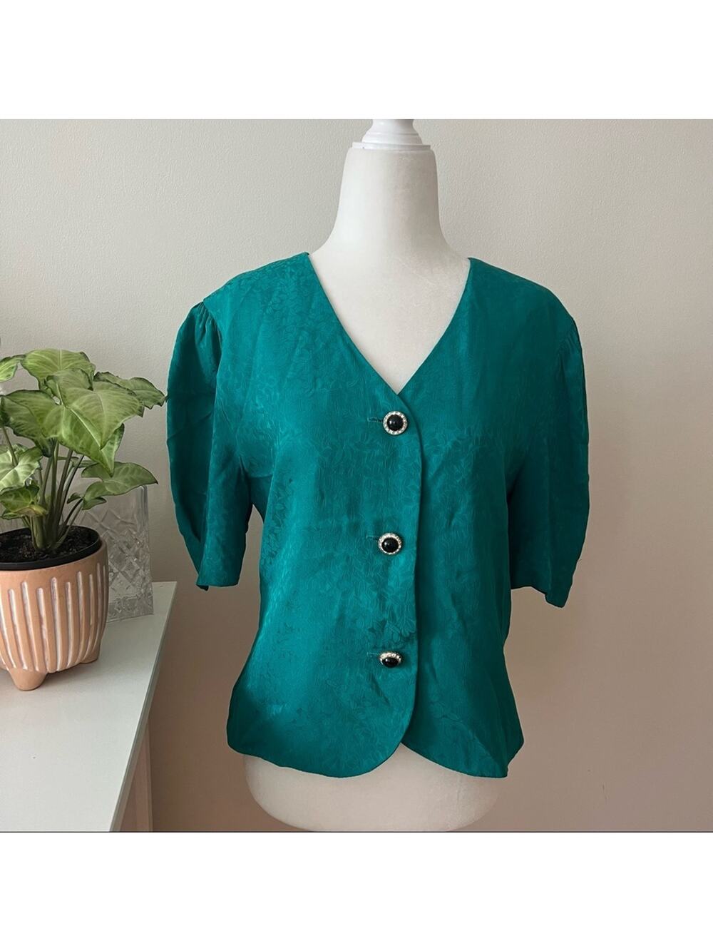 Vintage Puff Sleeve Teal 80s Ornate Button Front Silk Blouse
